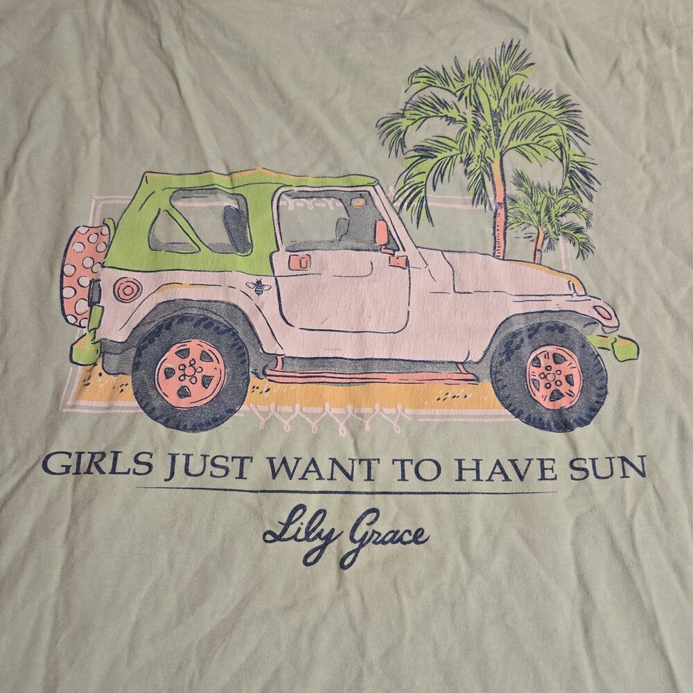 LILY GRACE Graphic T-Shirt Womens Large Green Girls Just Want To Have Fun